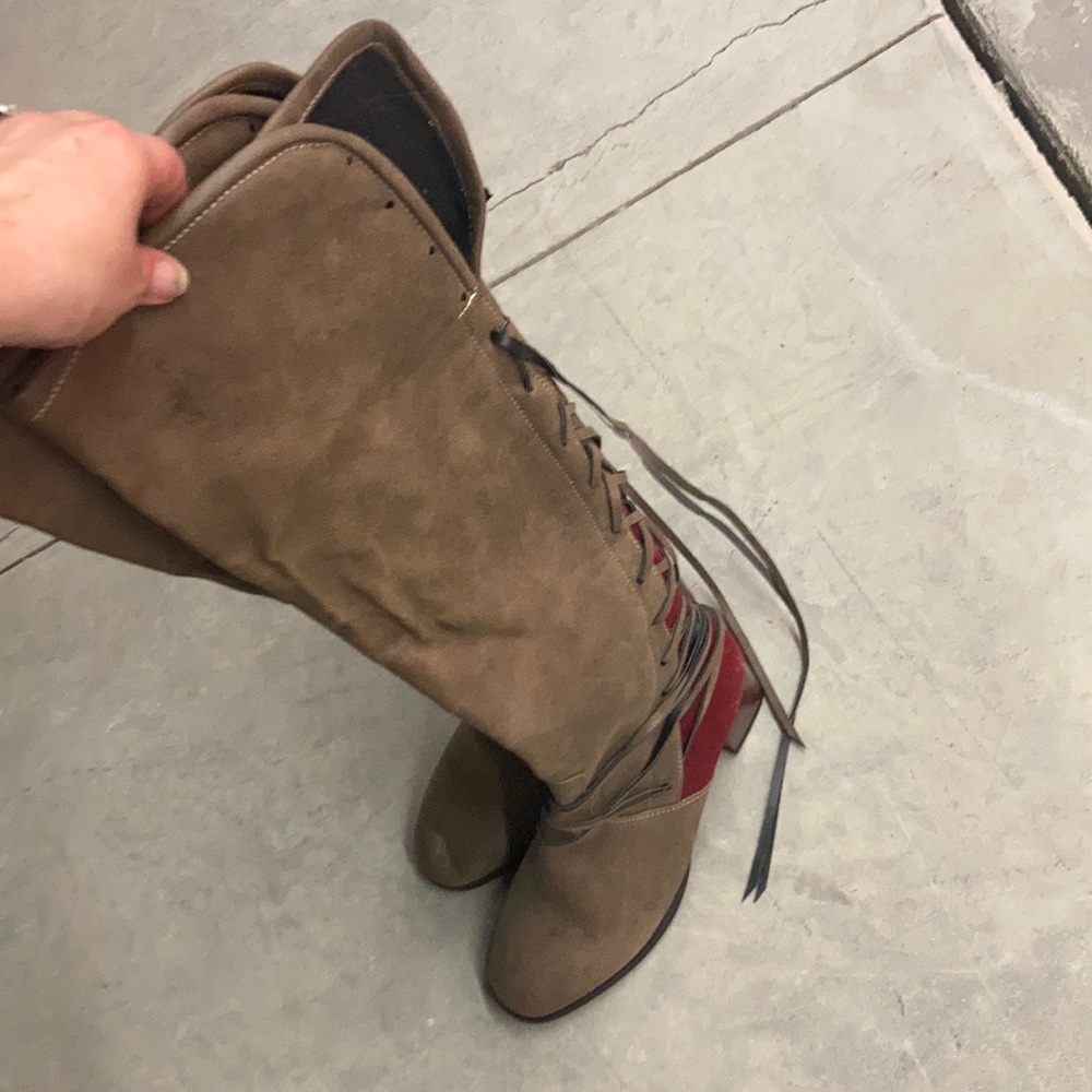 Brown and red over the knee boot